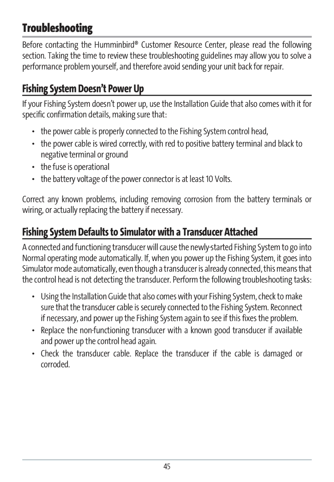 Humminbird GR16 manual Troubleshooting, Fishing System Doesn’t Power Up 