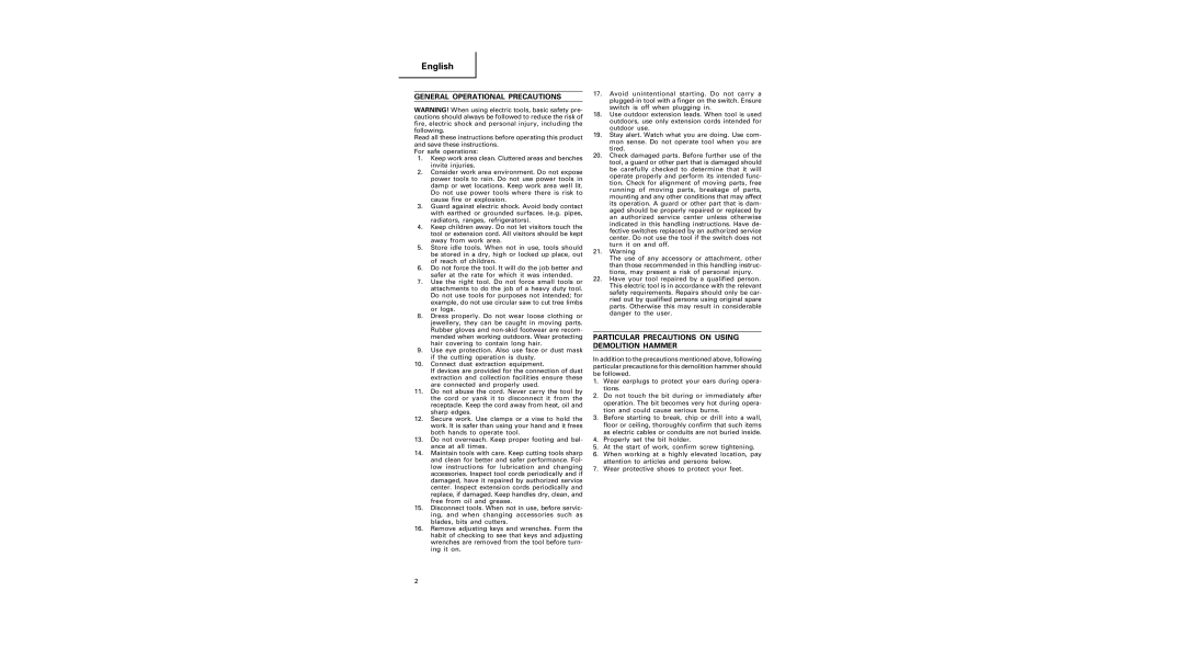 Humminbird H 90SB manual General Operational Precautions, Particular Precautions on Using Demolition Hammer 