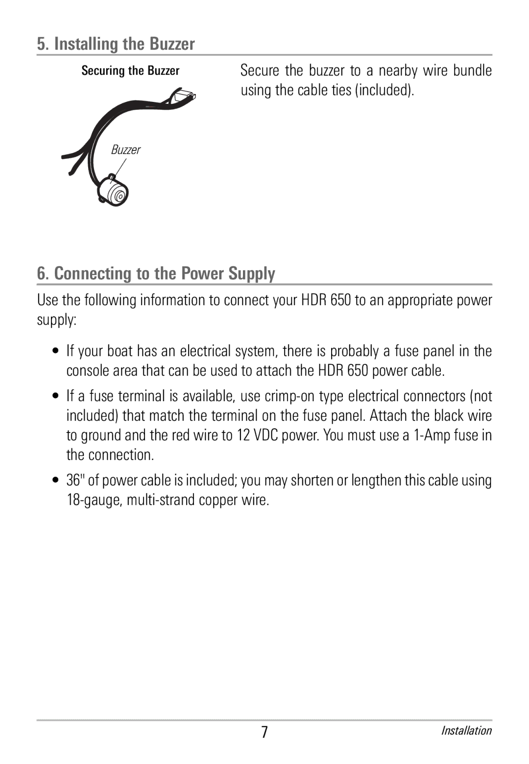 Humminbird HDR 650 manual Installing the Buzzer, Connecting to the Power Supply 