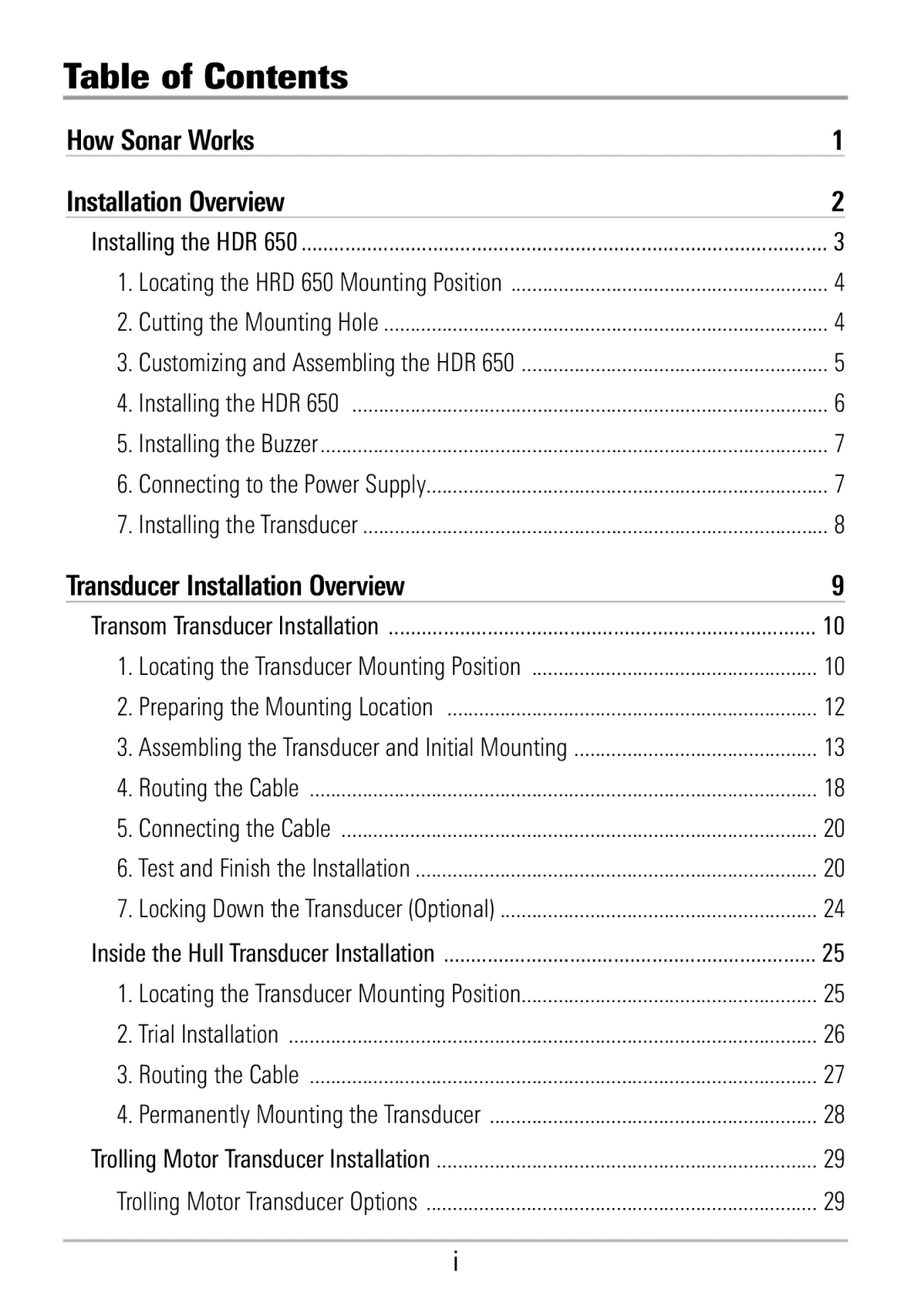 Humminbird HDR 650 manual Table of Contents 