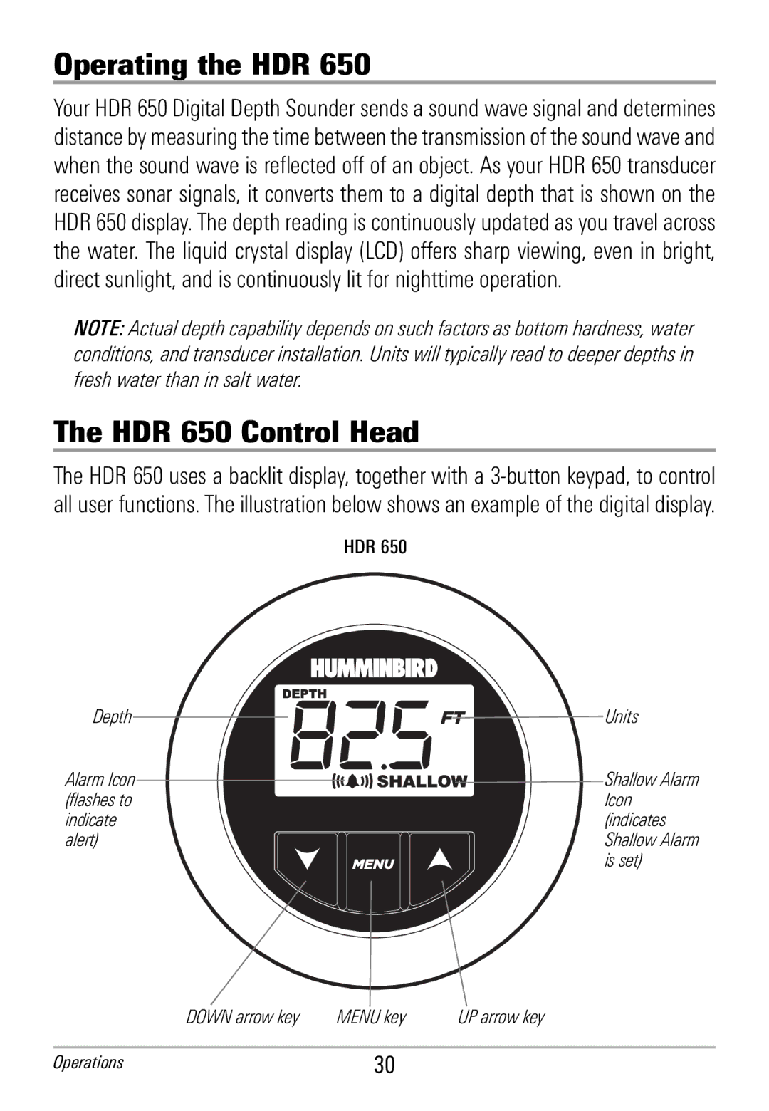 Humminbird manual Operating the HDR, HDR 650 Control Head, Depth, Units Shallow Alarm Icon Indicates, Menu key 