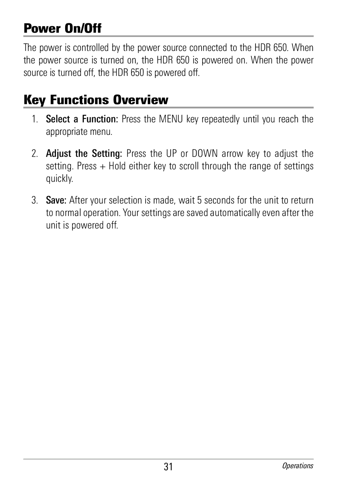 Humminbird HDR 650 manual Power On/Off, Key Functions Overview 