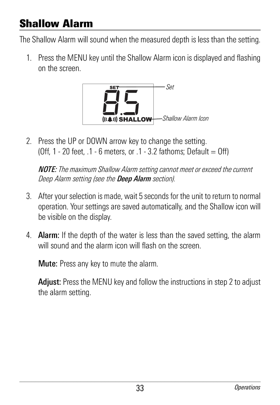 Humminbird HDR 650 manual Set Shallow Alarm Icon 