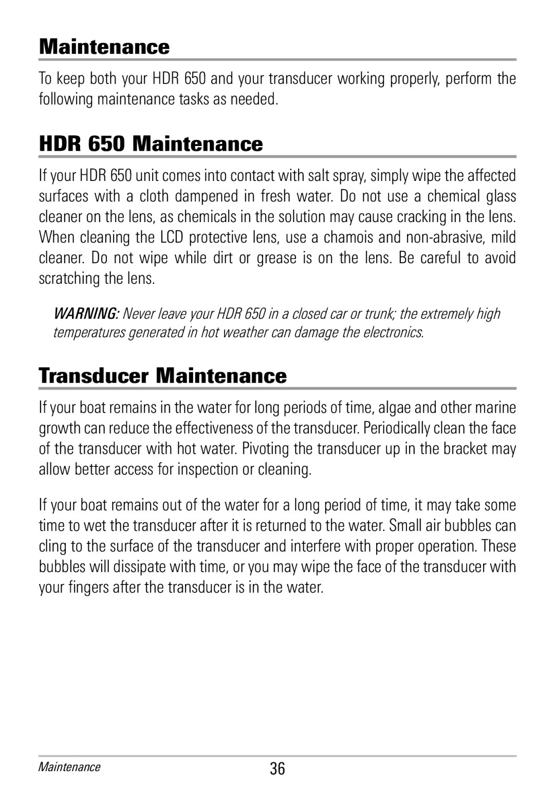 Humminbird manual HDR 650 Maintenance, Transducer Maintenance 