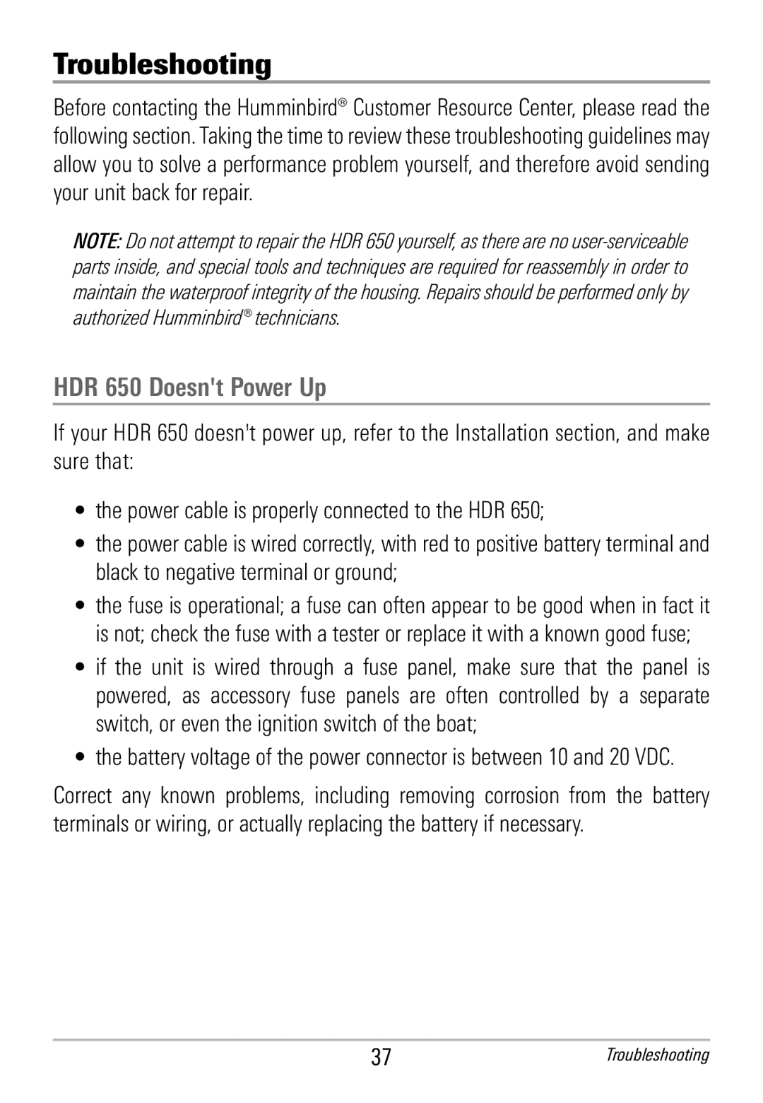 Humminbird manual Troubleshooting, HDR 650 Doesnt Power Up 