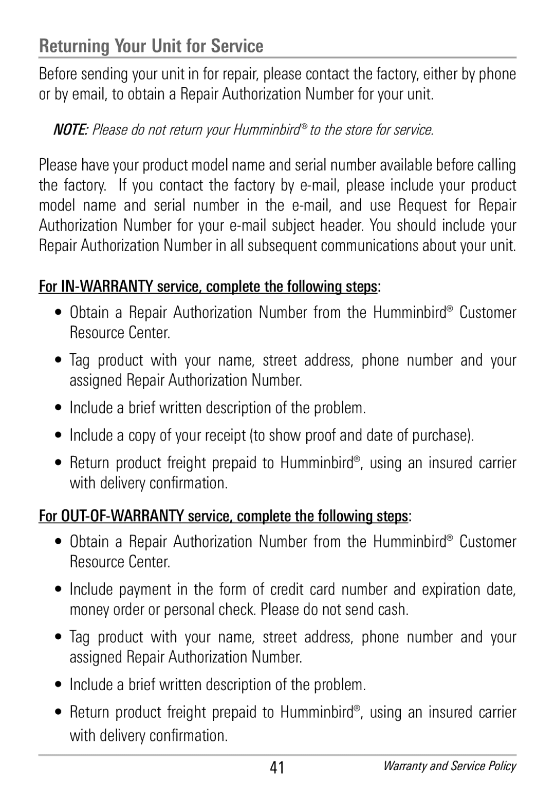 Humminbird HDR 650 manual Returning Your Unit for Service 