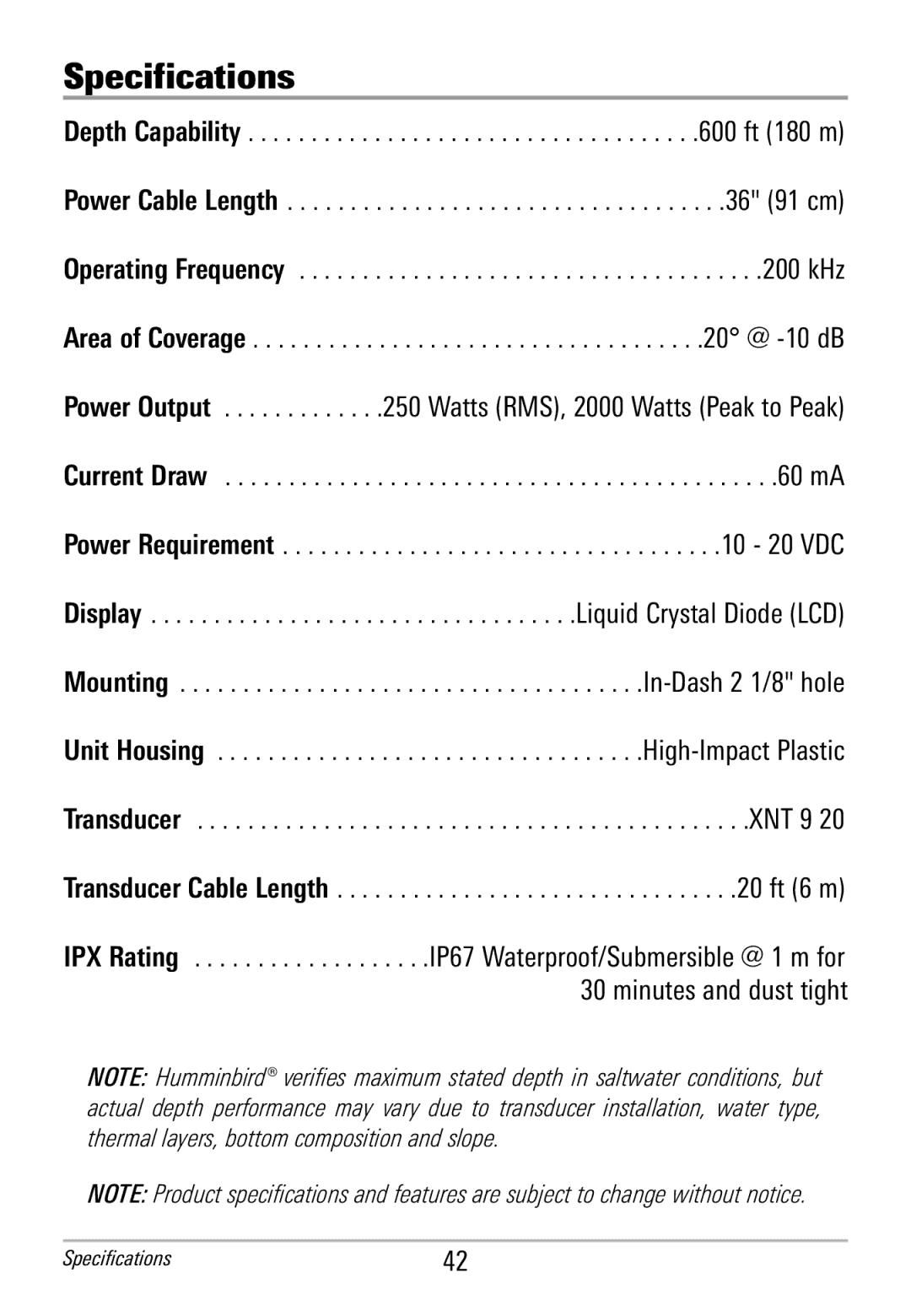 Humminbird HDR 650 manual Specifications 