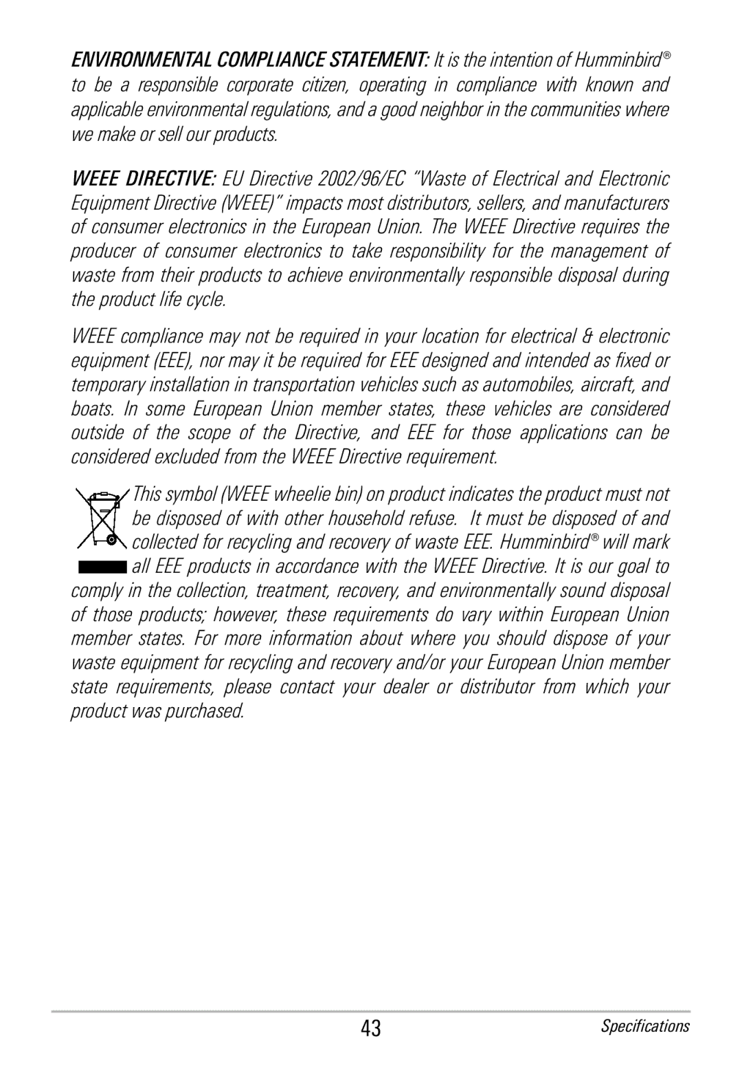 Humminbird HDR 650 manual Specifications 