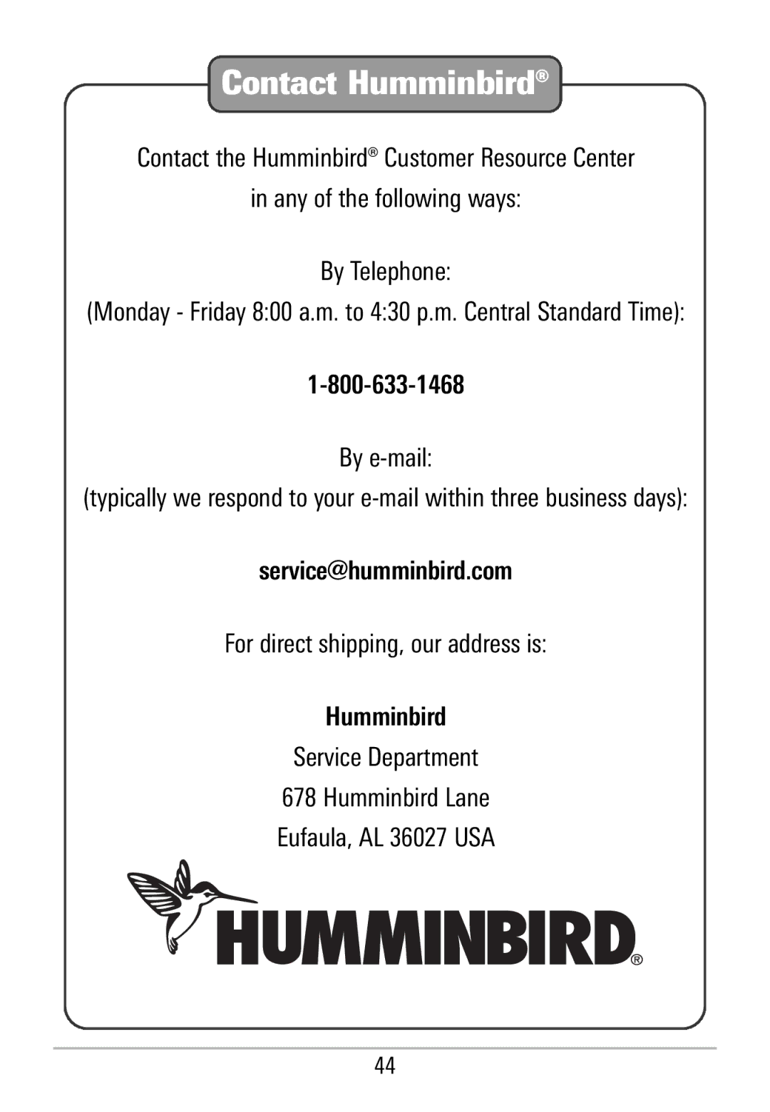 Humminbird HDR 650 manual Contact Humminbird 