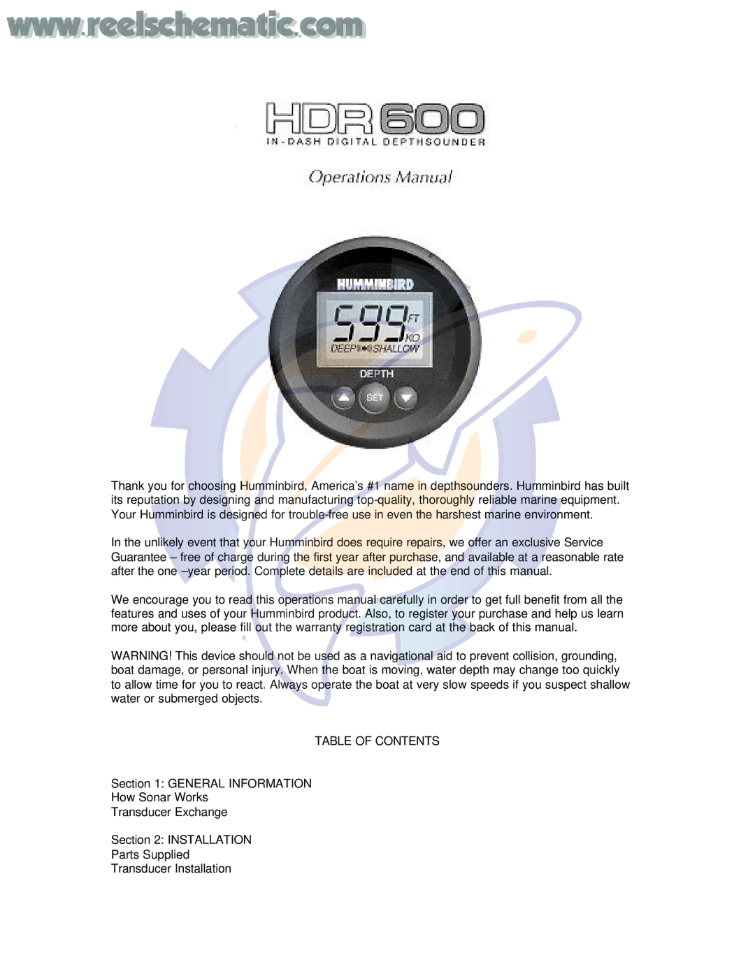 Humminbird HDR600 warranty Table of Contents 