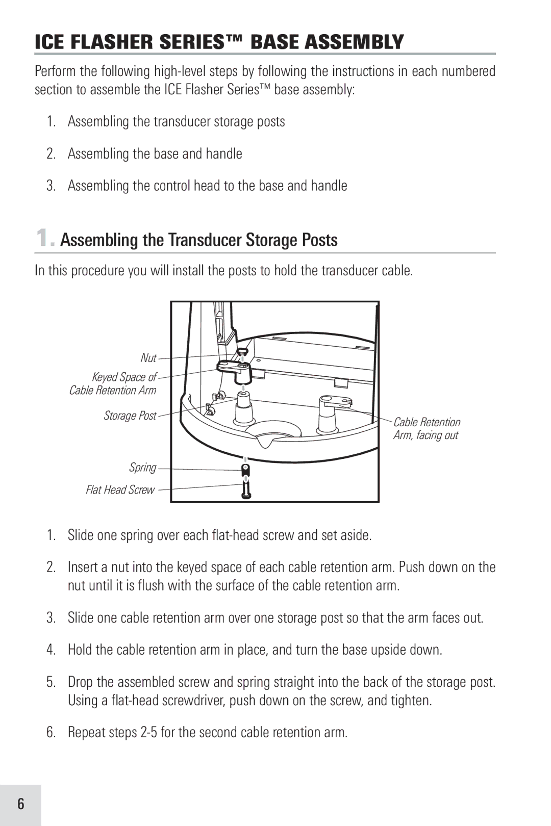 Humminbird ICE 45, ICE 55, ICE 35 manual ICE Flasher Series Base Assembly, Assembling the Transducer Storage Posts 