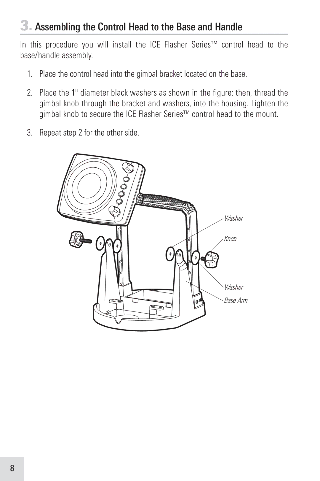 Humminbird ICE 55, ICE 45, ICE 35 manual Assembling the Control Head to the Base and Handle, Repeat for the other side 