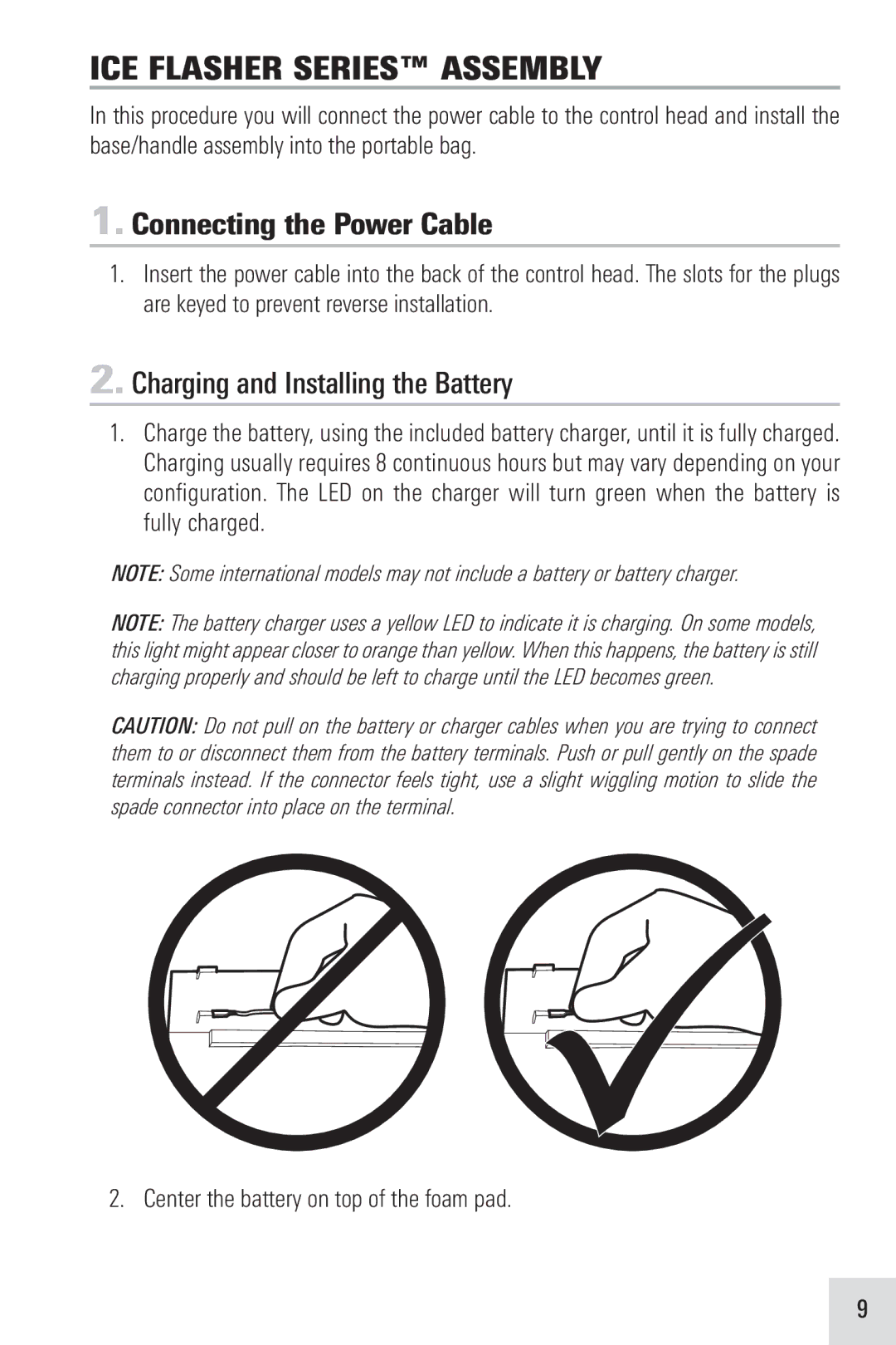 Humminbird ICE 45, ICE 55 ICE Flasher Series Assembly, Connecting the Power Cable, Charging and Installing the Battery 