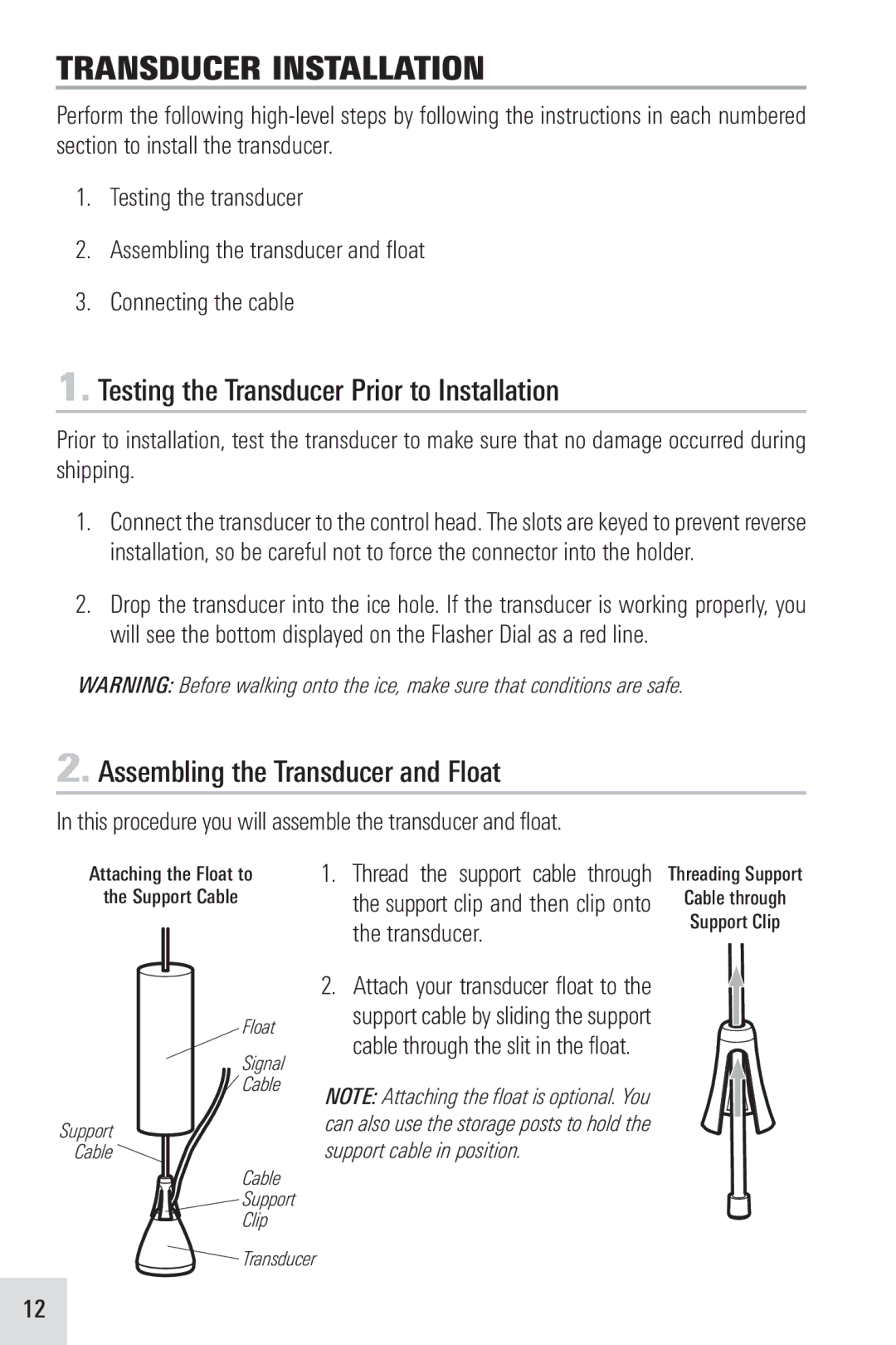 Humminbird ICE 45, ICE 55, ICE 35 manual Transducer Installation, Testing the Transducer Prior to Installation 