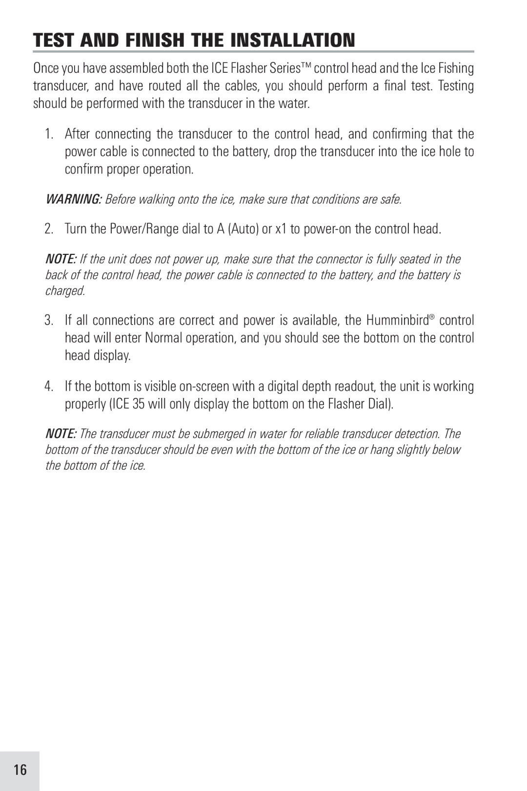 Humminbird ICE 35, ICE 55, ICE 45 manual Test and Finish the Installation 