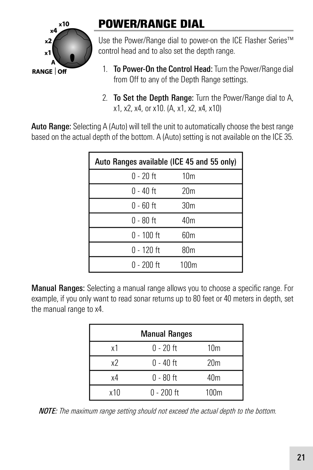 Humminbird ICE 45, ICE 55, ICE 35 manual POWER/RANGE Dial 