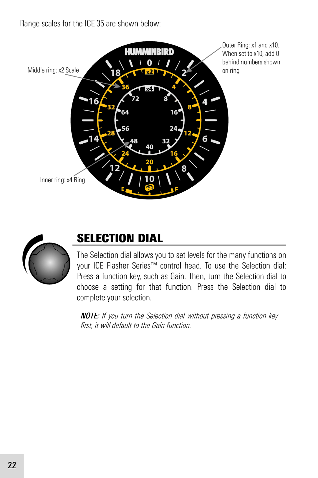 Humminbird ICE 55, ICE 45 manual Selection Dial, Range scales for the ICE 35 are shown below 