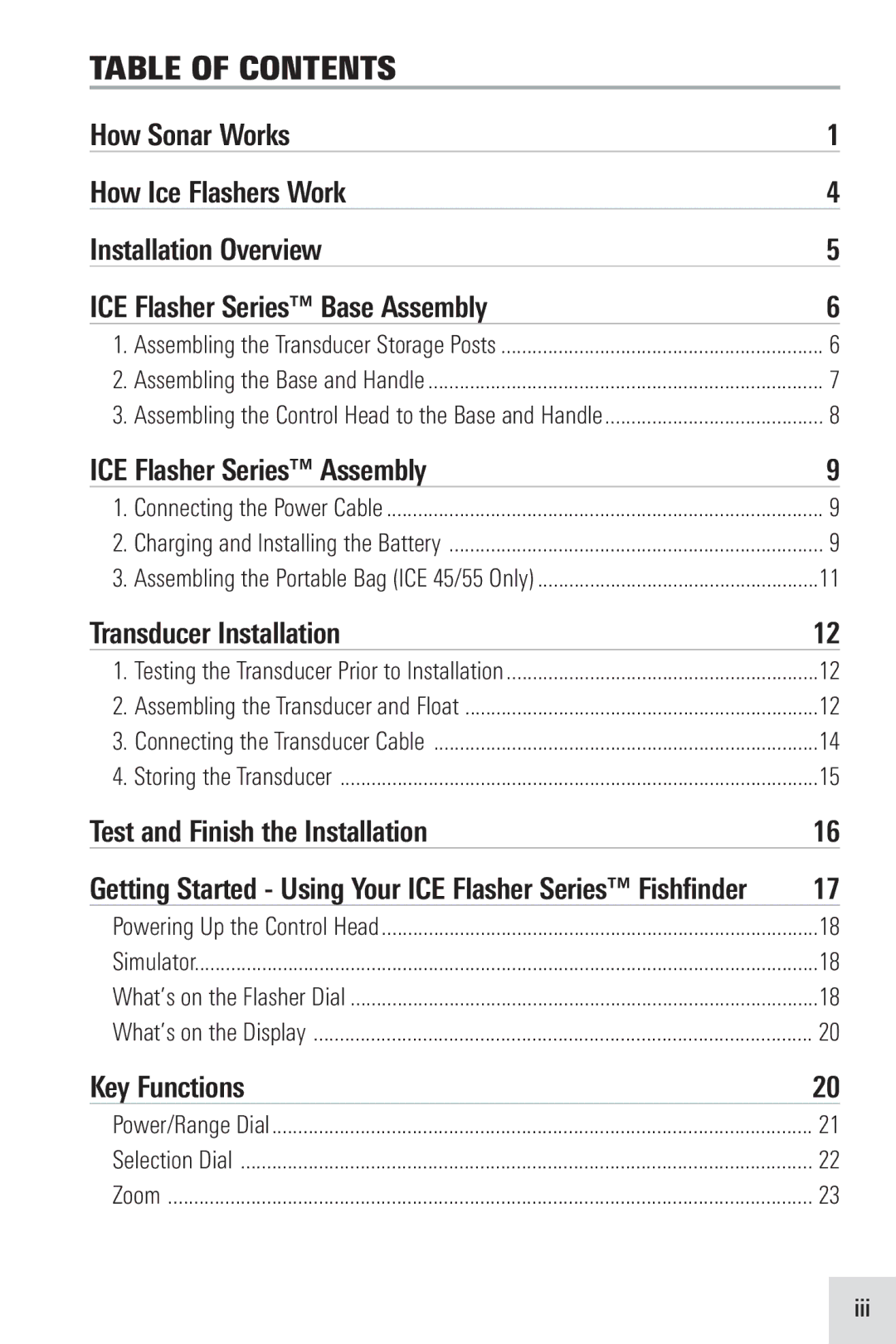 Humminbird ICE 55, ICE 45, ICE 35 manual Table of Contents 