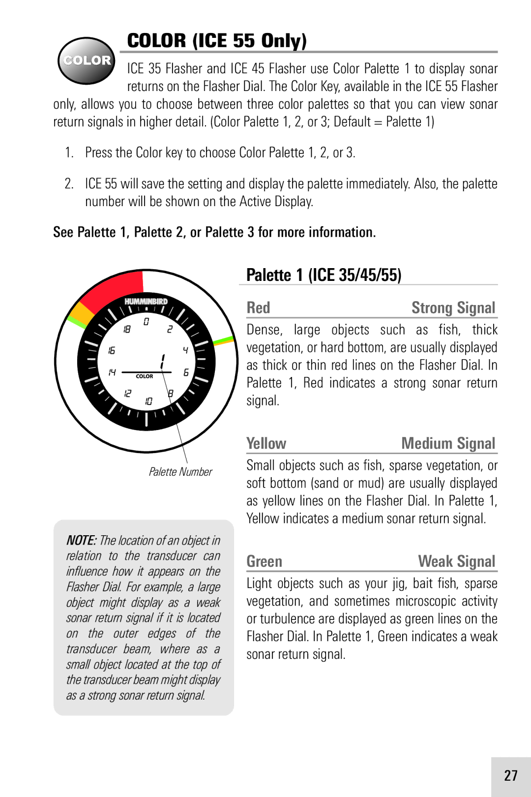 Humminbird ICE 45, ICE 55 manual Palette1 ICE 35/45/55, See Palette 1, Palette 2, or Palette 3 for more information 