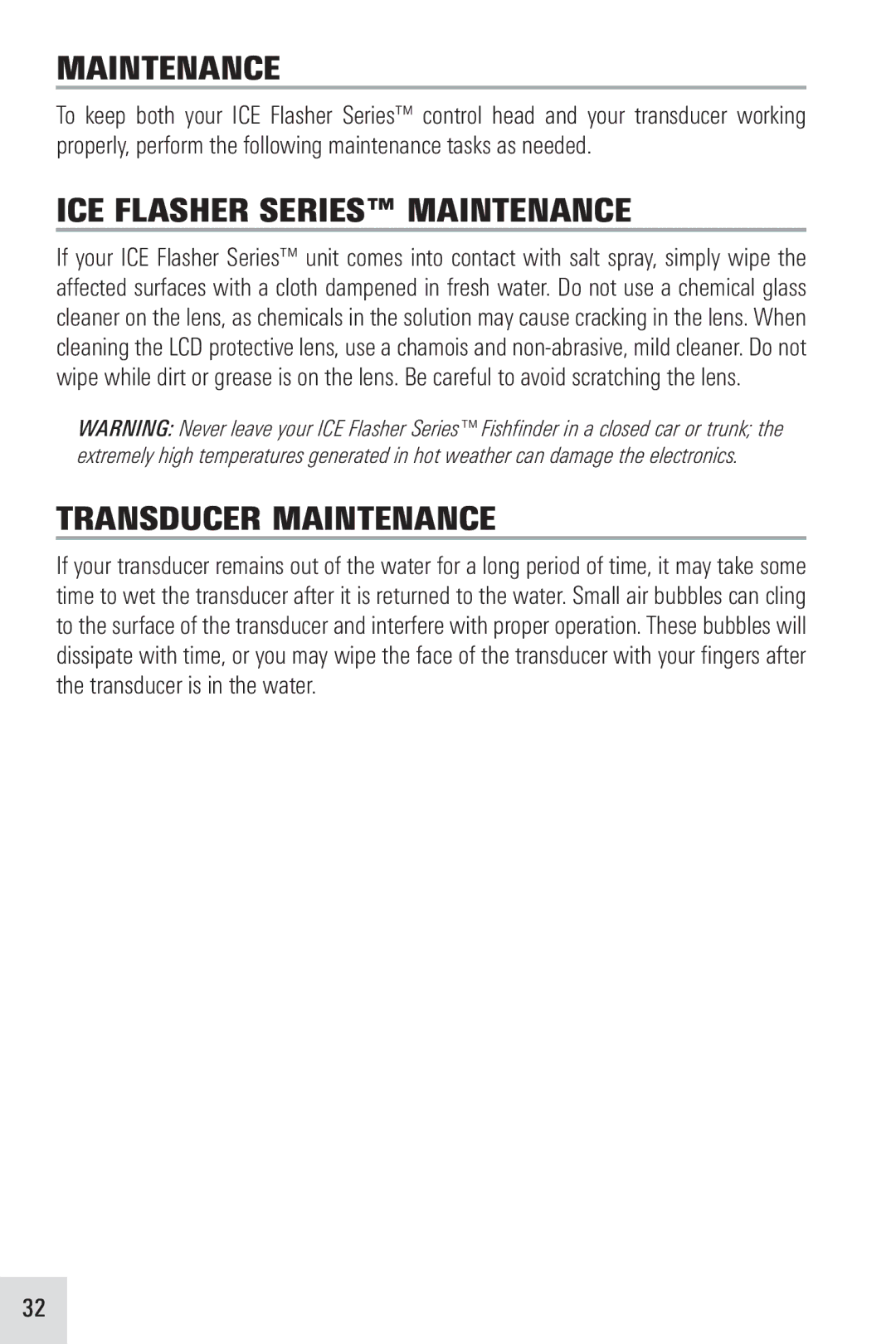 Humminbird ICE 55, ICE 45, ICE 35 manual ICE Flasher Series Maintenance, Transducer Maintenance 