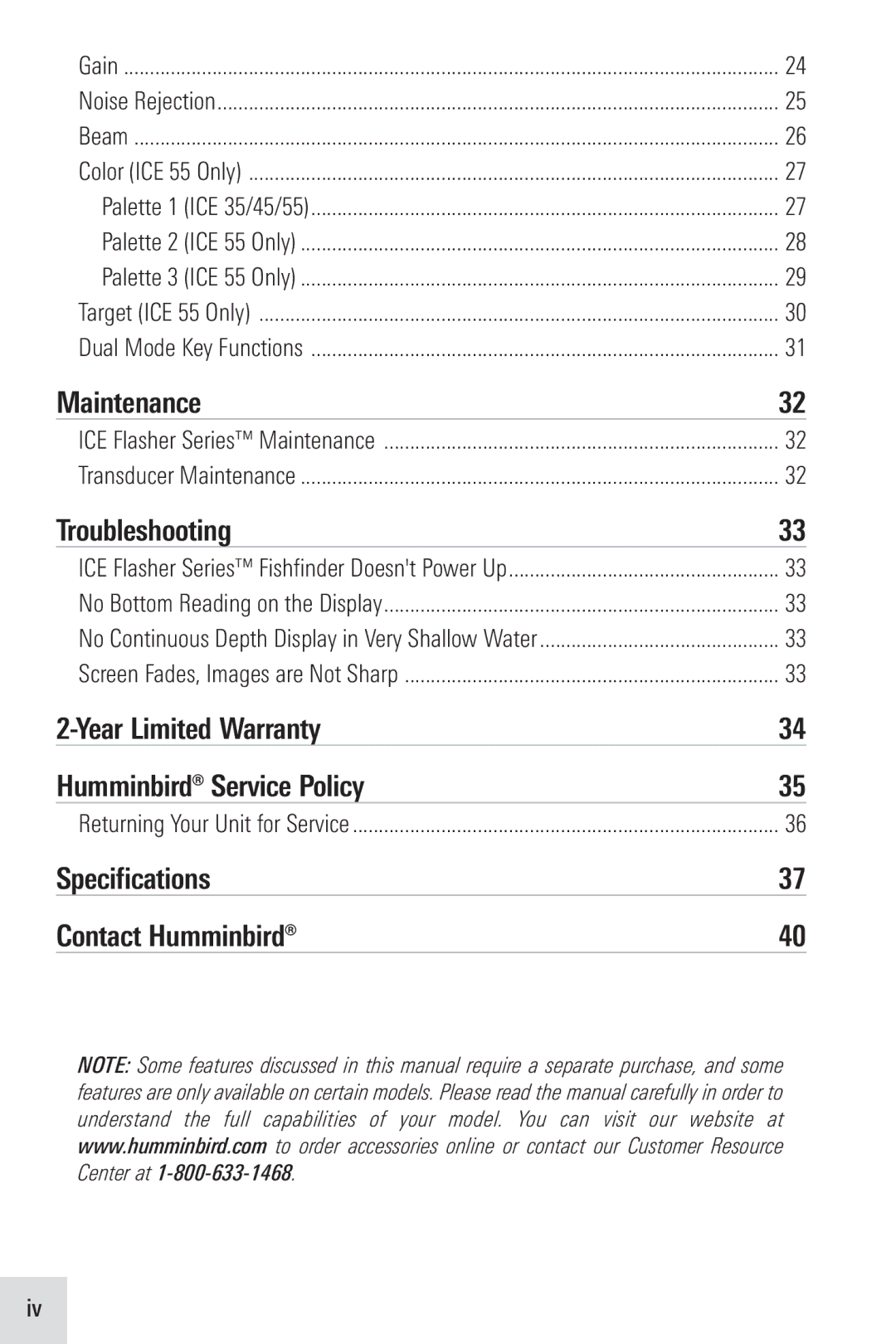 Humminbird ICE 45, ICE 55, ICE 35 manual Maintenance, Troubleshooting, Year Limited Warranty Humminbird Service Policy 