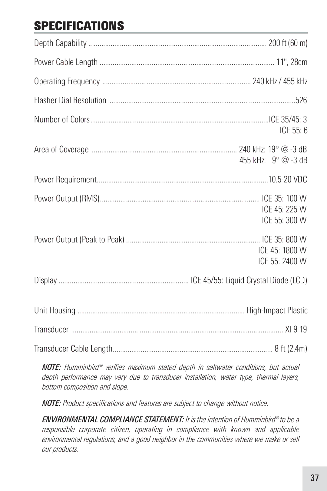 Humminbird ICE 35, ICE 55, ICE 45 manual Specifications 