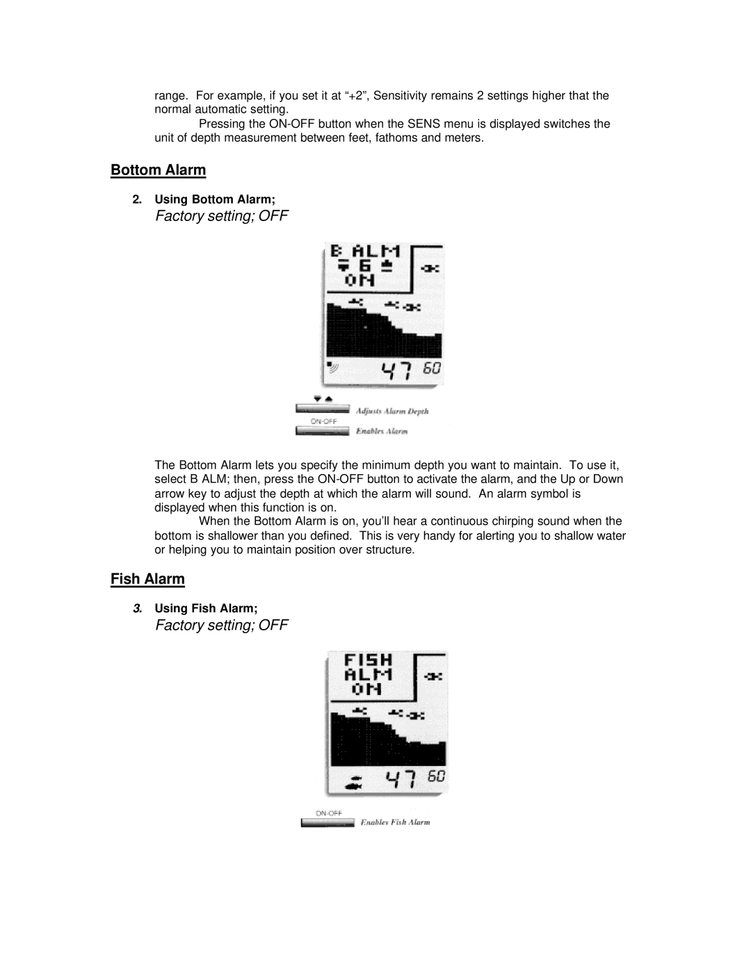 Humminbird ID 600 manual Bottom Alarm, Fish Alarm 