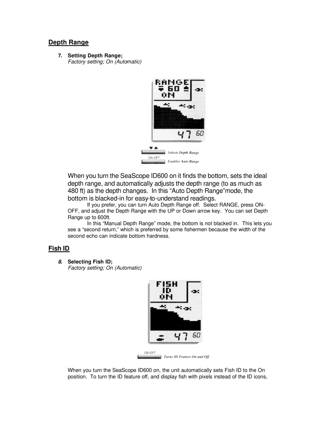 Humminbird ID 600 manual Depth Range, Fish ID 