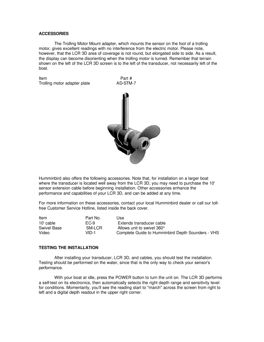 Humminbird LCR 3D manual Accessories, AD-STM-7, Sm-Lcr, VID-1, Testing the Installation 