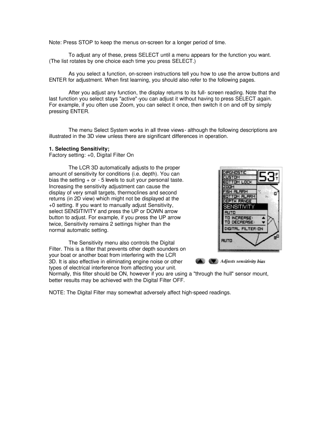 Humminbird LCR 3D manual Selecting Sensitivity 