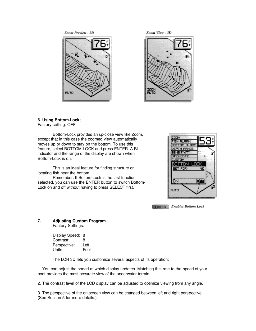 Humminbird LCR 3D manual Using Bottom-Lock Factory setting OFF, Adjusting Custom Program Factory Settings 