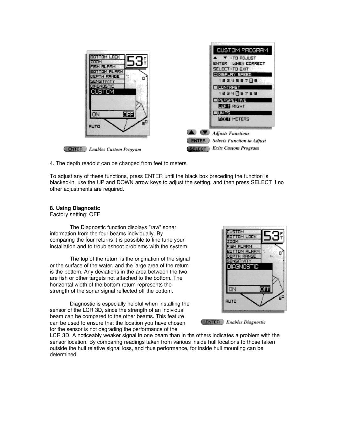 Humminbird LCR 3D manual Using Diagnostic Factory setting OFF 