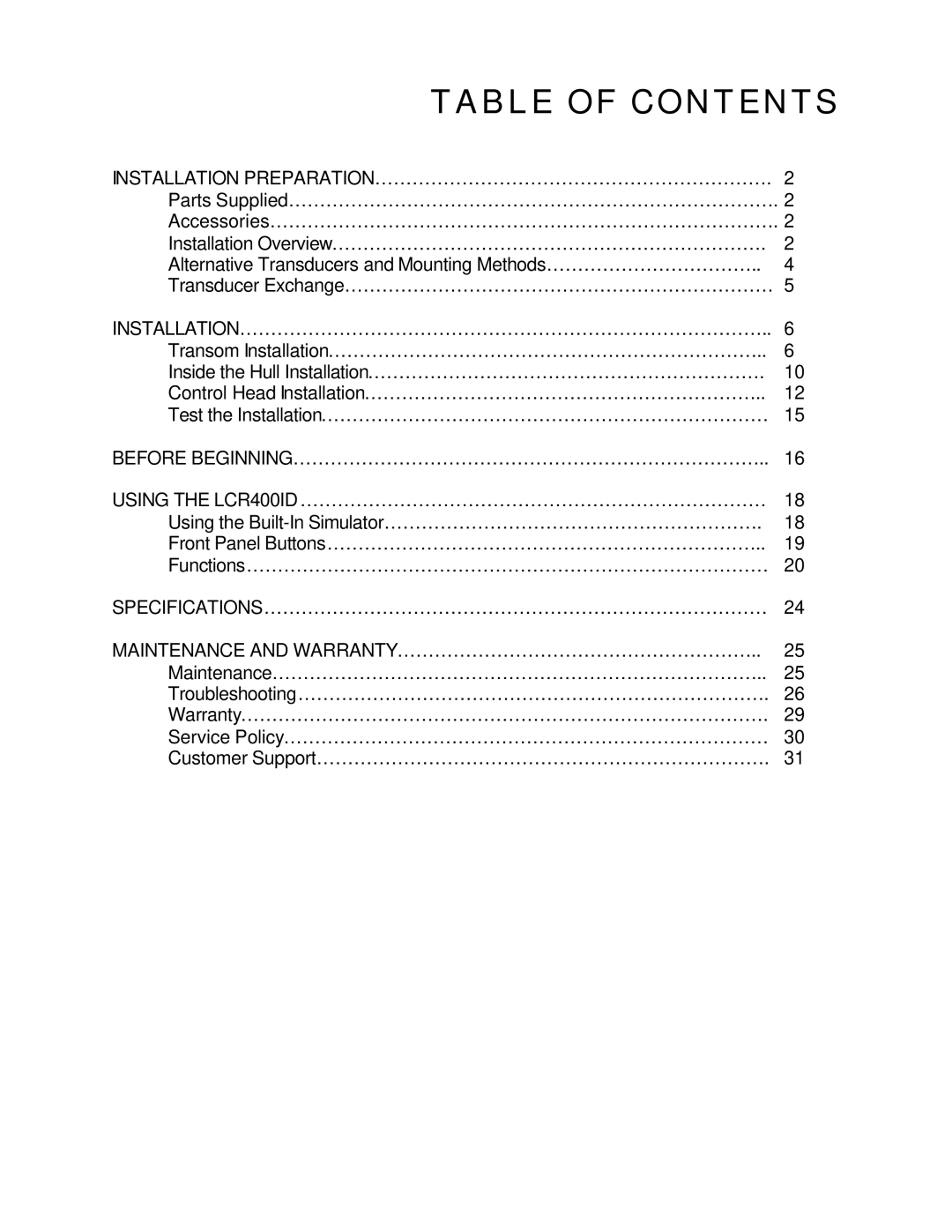 Humminbird LCR 400 ID manual Table of Contents 