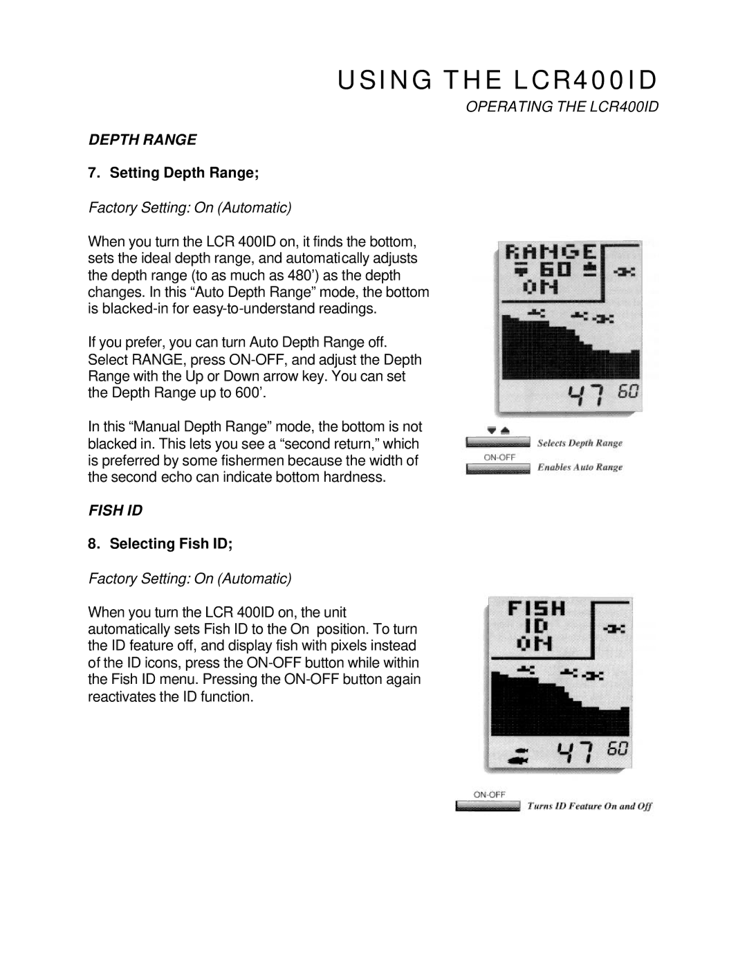 Humminbird LCR 400 ID manual Depth Range, Fish ID 