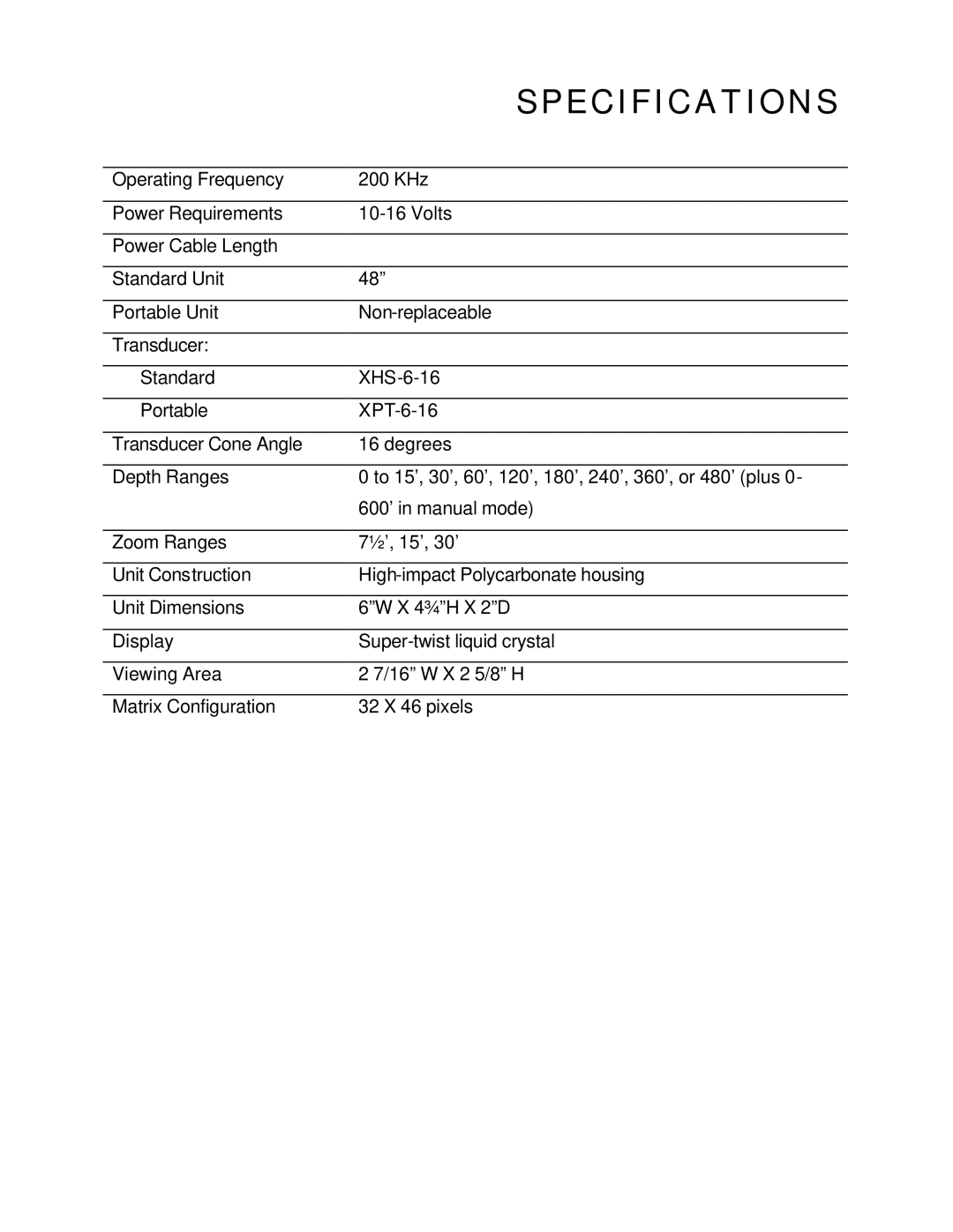 Humminbird LCR 400 ID manual Specifications 