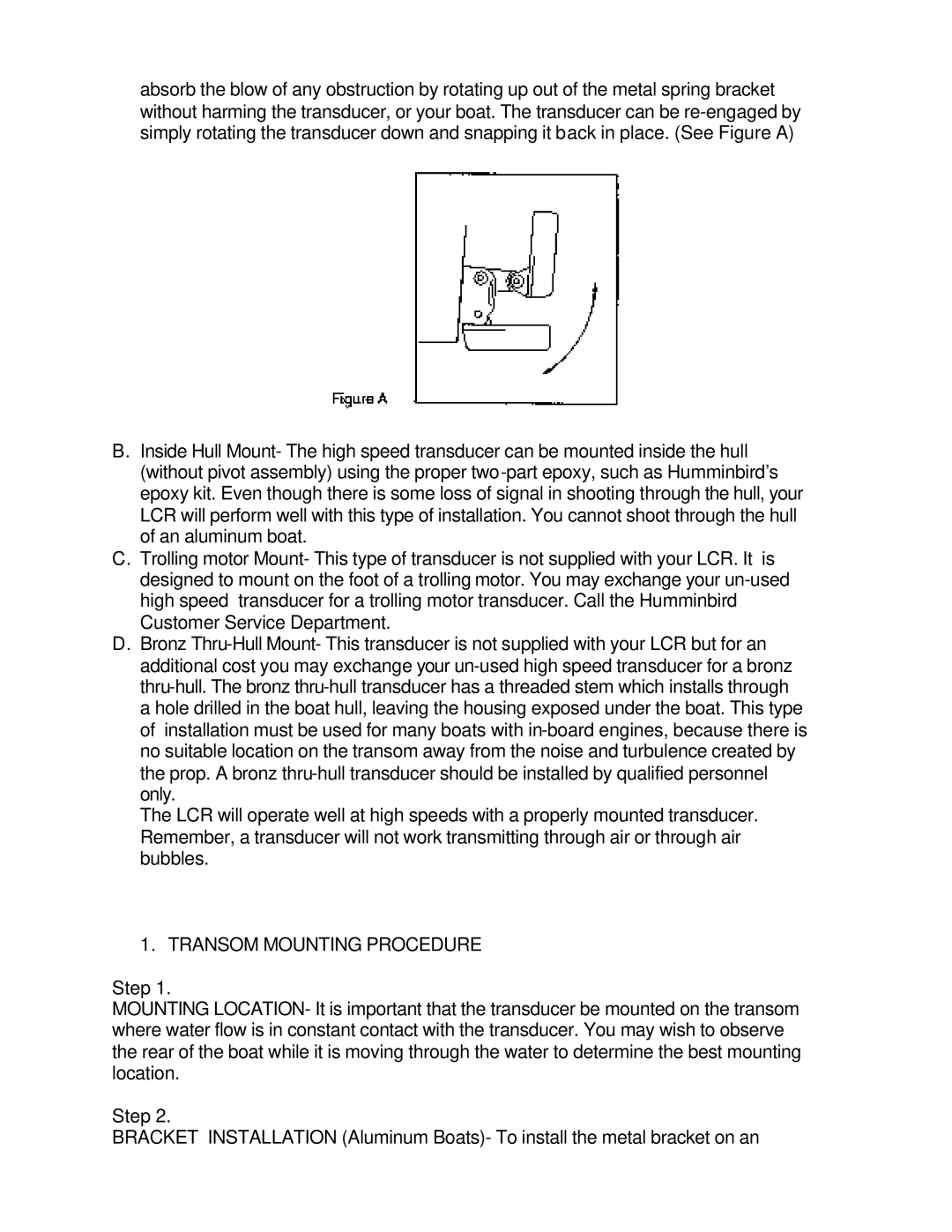 Humminbird LCR 400 ID manual Transom Mounting Procedure 