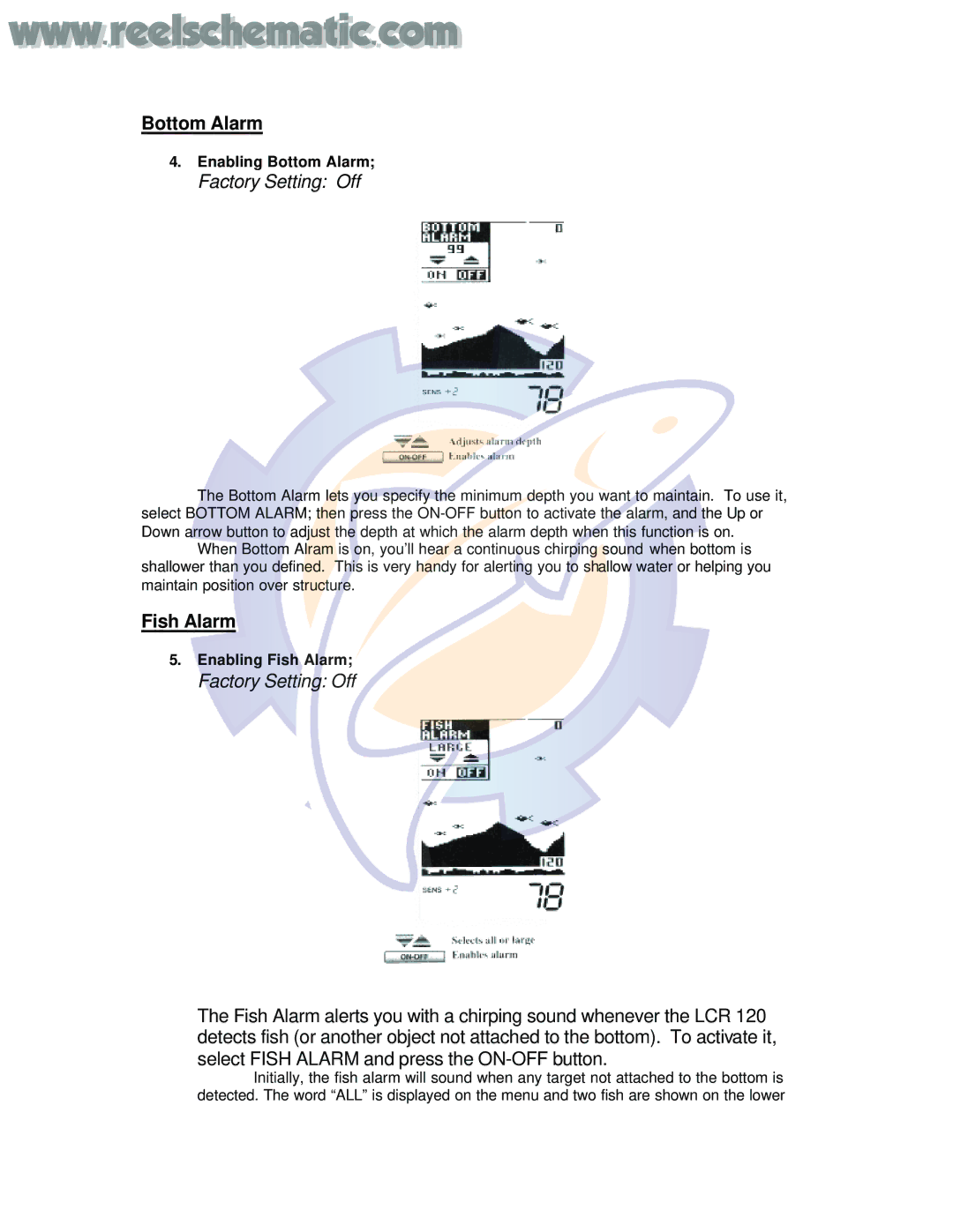 Humminbird LCR120 manual Bottom Alarm, Fish Alarm 