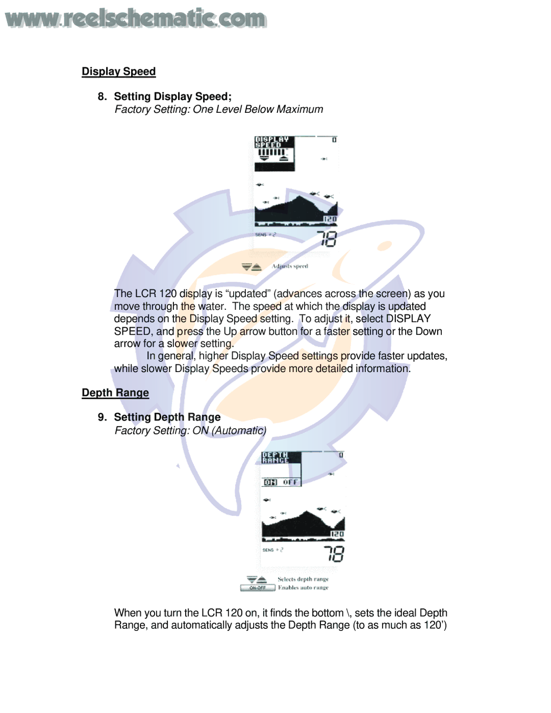 Humminbird LCR120 manual Display Speed Setting Display Speed, Depth Range Setting Depth Range 