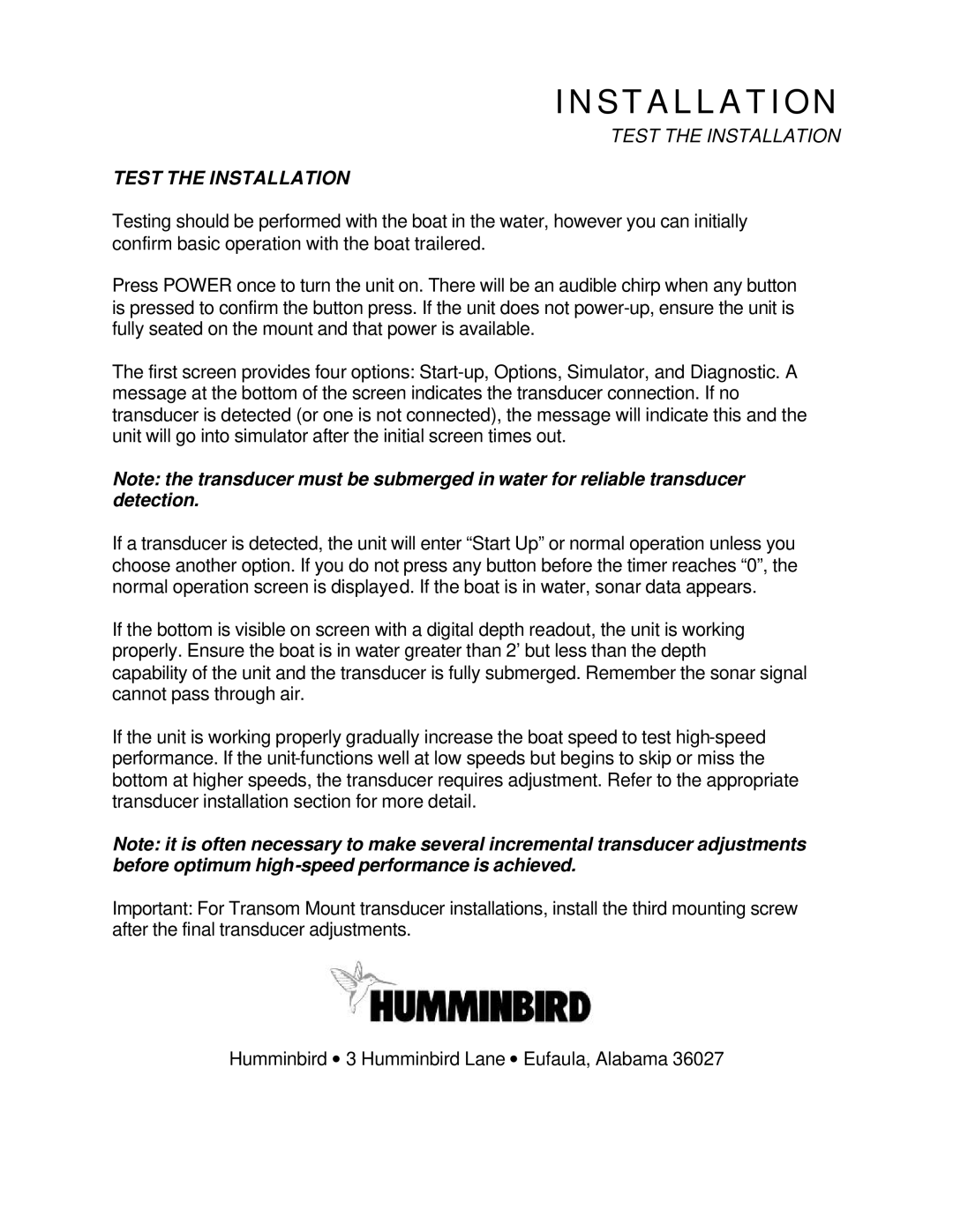 Humminbird LCR4 ID manual Test the Installation 