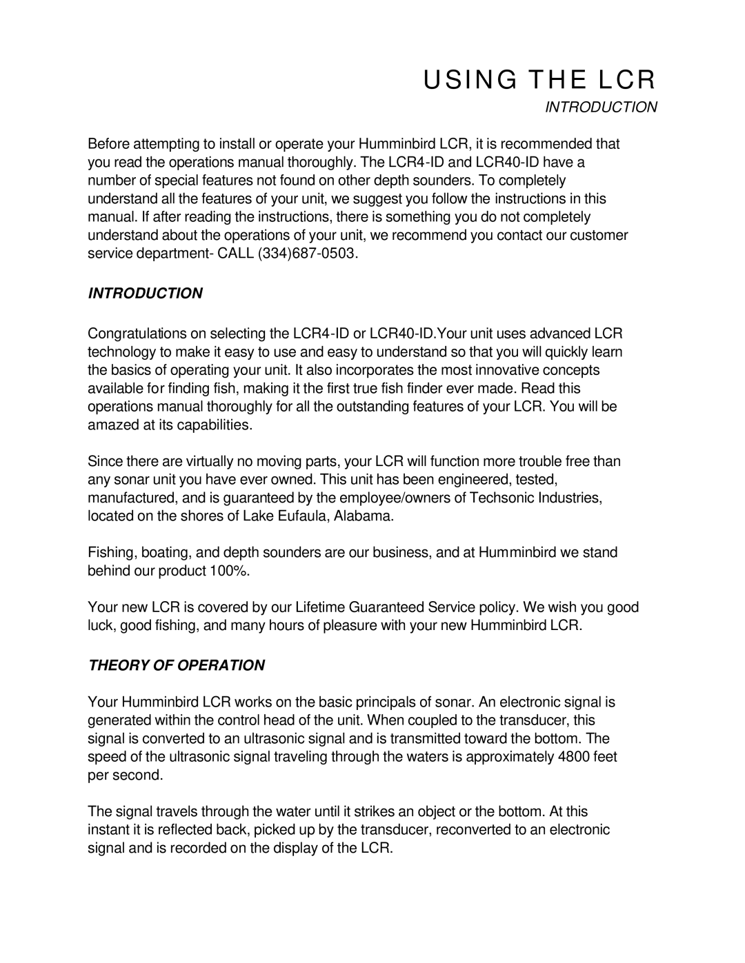 Humminbird LCR4 ID manual Introduction, Theory of Operation 