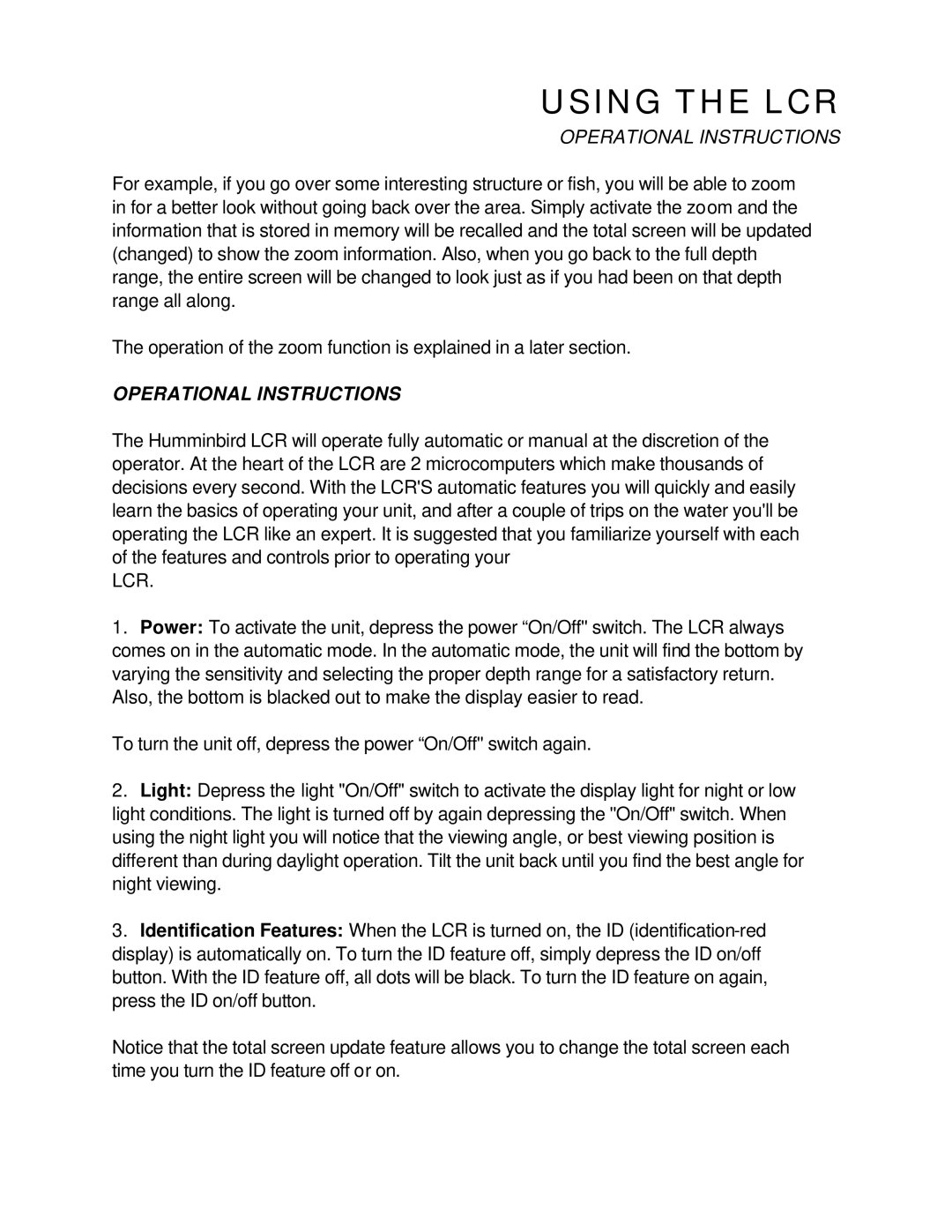 Humminbird LCR4 ID manual Operational Instructions, Lcr 