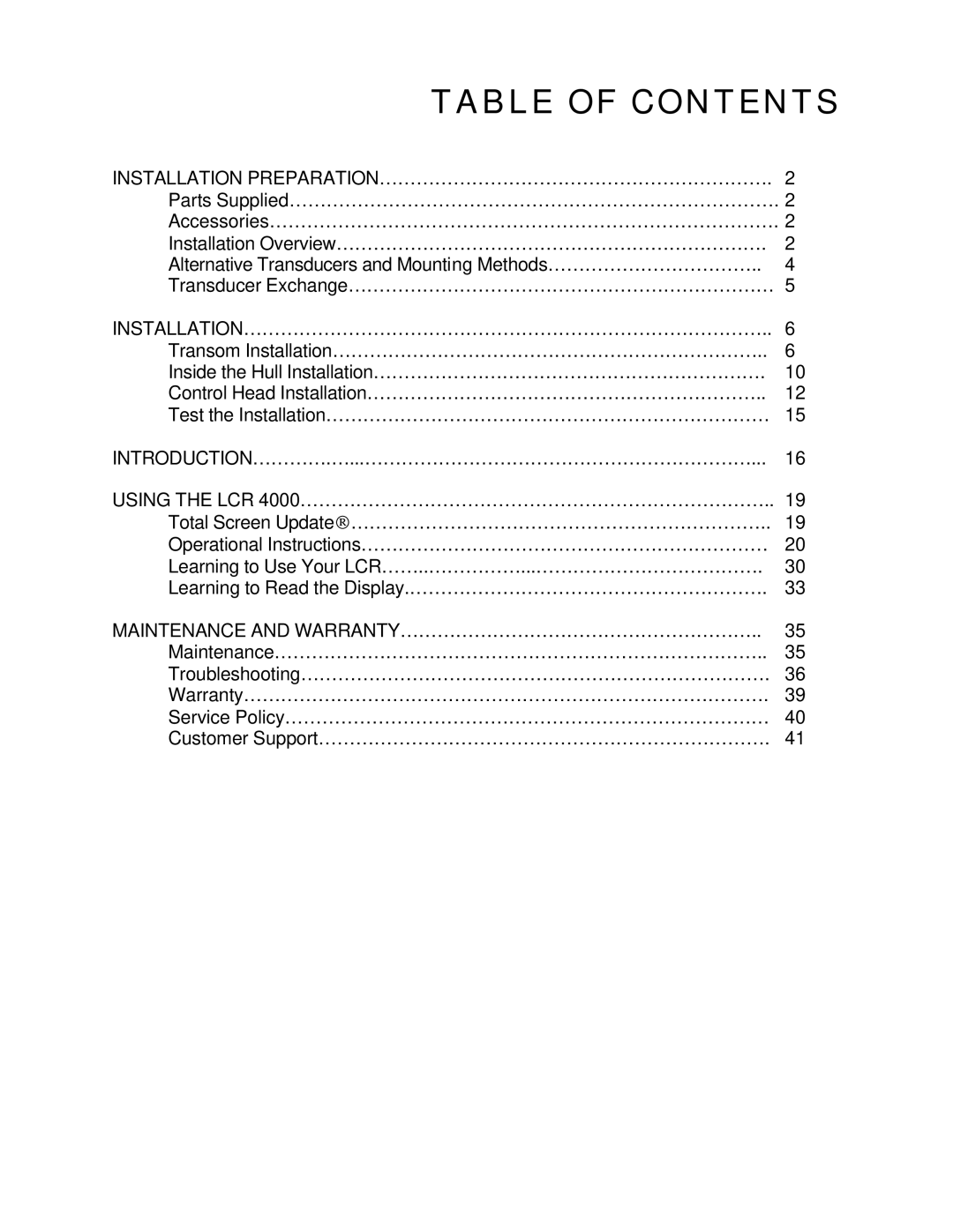 Humminbird LCR4 ID manual Table of Contents 