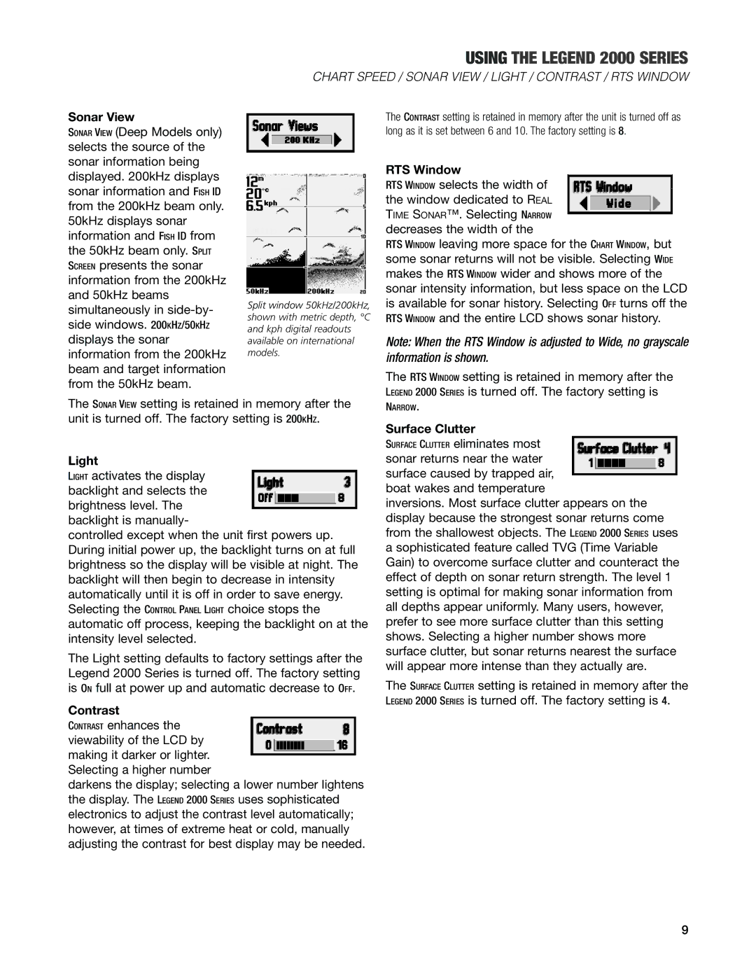 Humminbird Legend 2000 manual Sonar View, RTS Window, Light, Contrast, Surface Clutter 