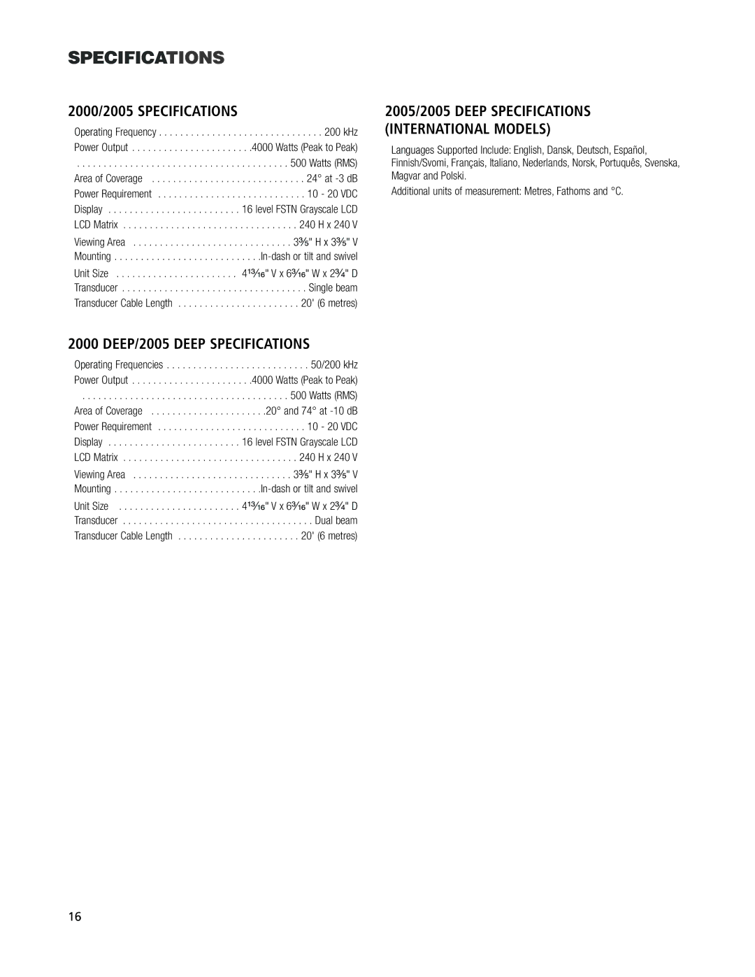 Humminbird Legend 2000 manual 2000/2005 Specifications, DEEP/2005 Deep Specifications 