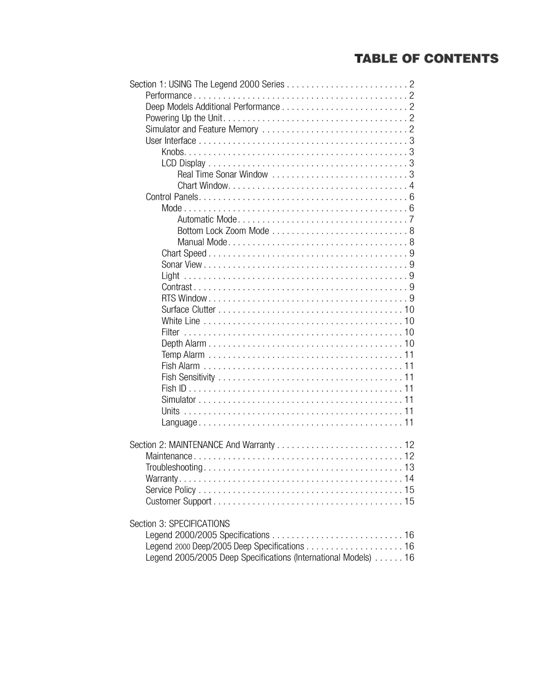 Humminbird Legend 2000 manual Table of Contents 