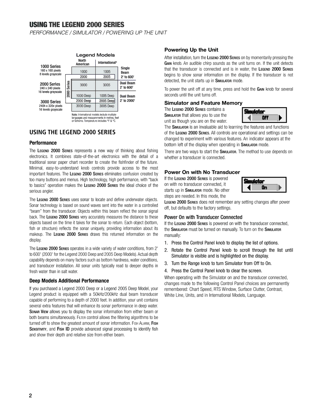 Humminbird manual Using the Legend 2000 Series, Performance / Simulator / Powering UP the Unit, Powering Up the Unit 