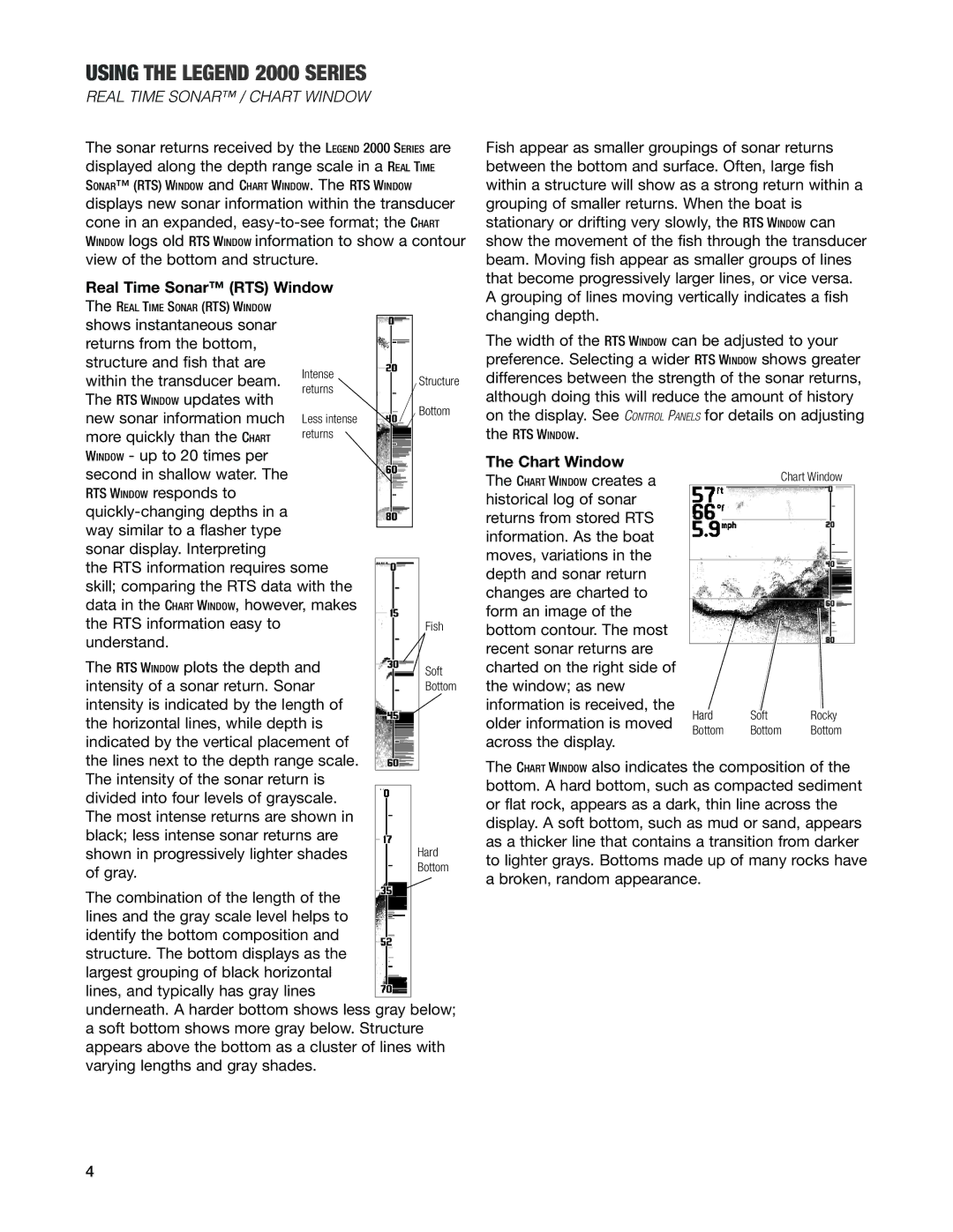 Humminbird Legend 2000 manual Real Time Sonar / Chart Window, Real Time Sonar RTS Window 