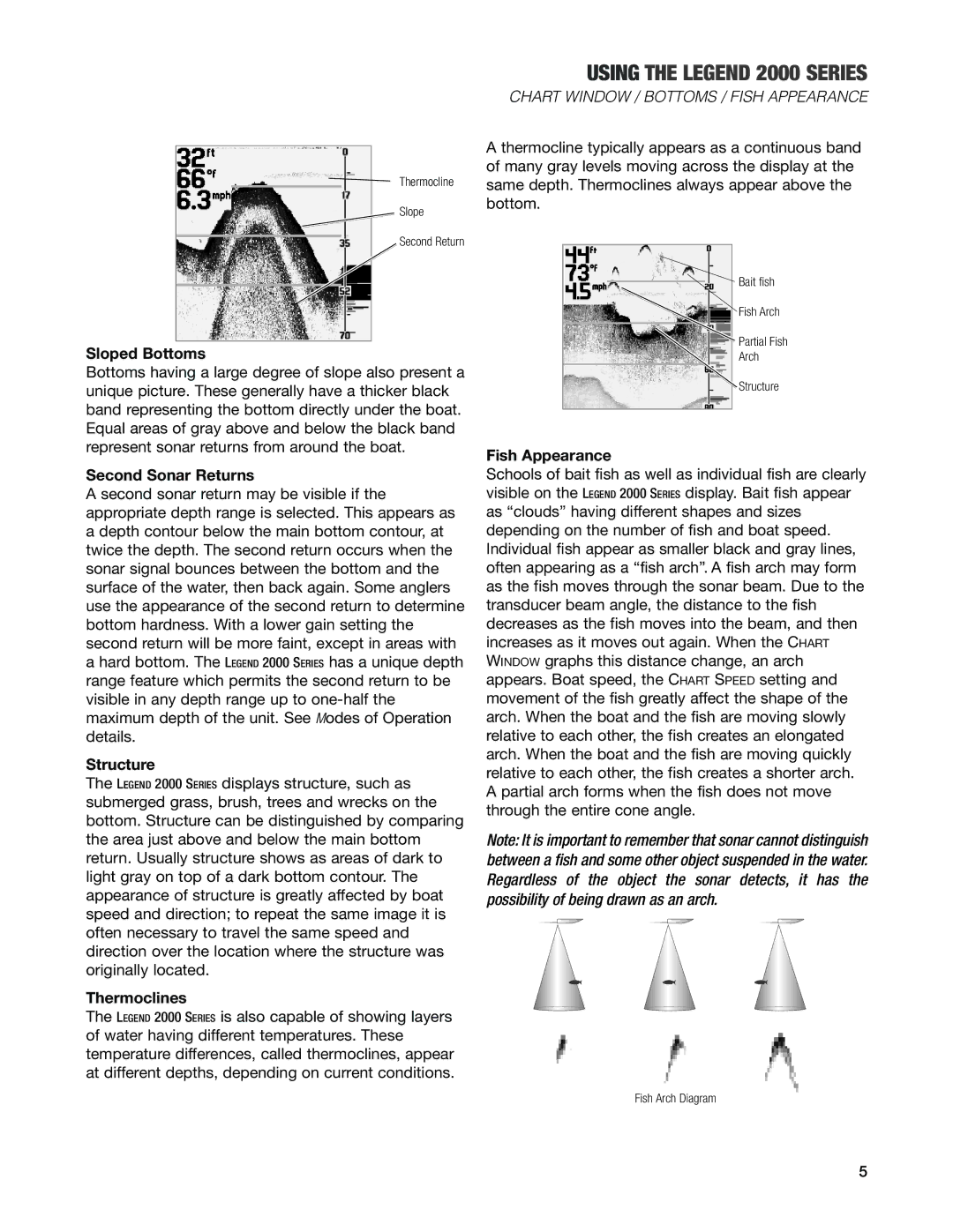 Humminbird Legend 2000 manual Sloped Bottoms, Second Sonar Returns, Structure Thermoclines, Fish Appearance 