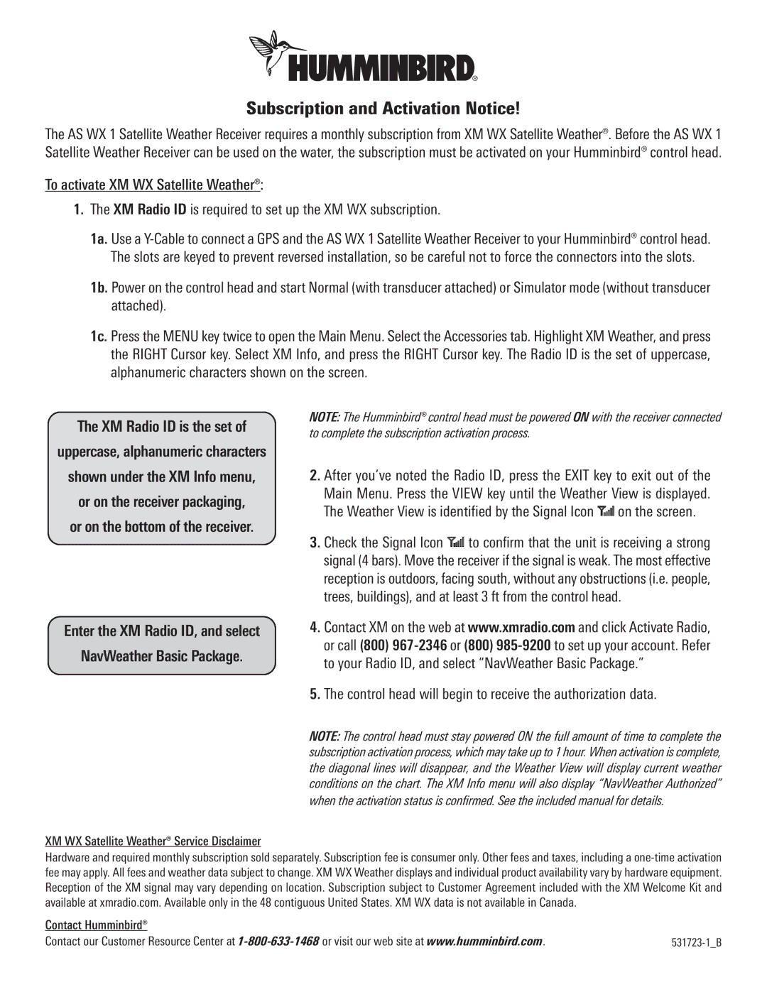 Humminbird Marine Radio manual Subscription and Activation Notice 