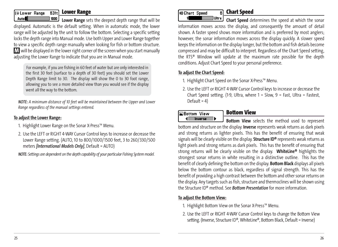 Humminbird Matrix 10, MATRIX 37, Matrix 20, MATRIX 12, MATRIX 17, Matrix 27 manual Lower Range, Chart Speed, Bottom View 